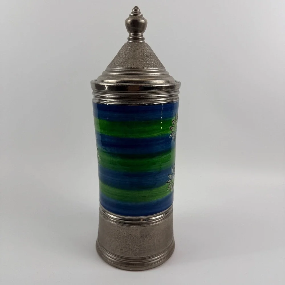 Bitossi Italy‎ Blue Green Sgraffito Sun Canister Jar with Lid HTF